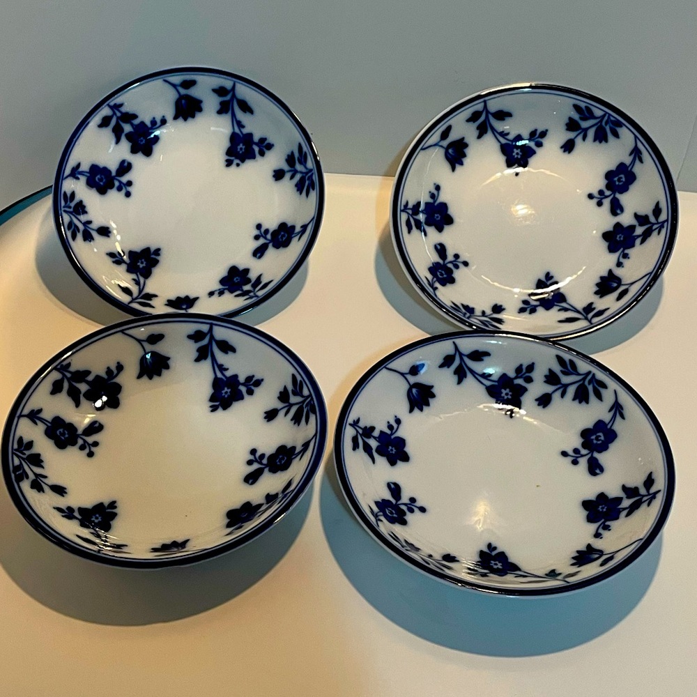Set Williams Sonoma Cobalt Flow Blue Berry Dessert Bowls Porcelain Floral 5.5"